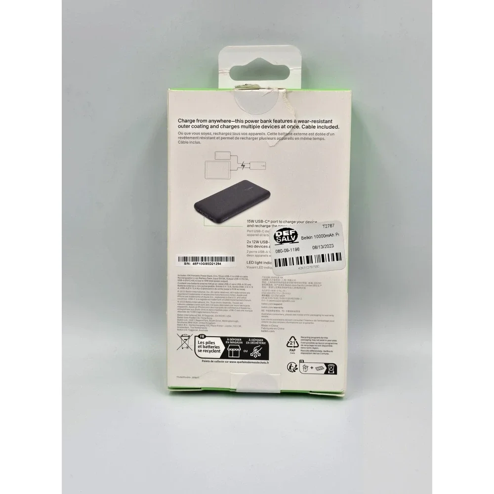 New Belkin Boostcharge‎ 10k PowerBank Black USB-A to USB-C Cable OPEN BOX.